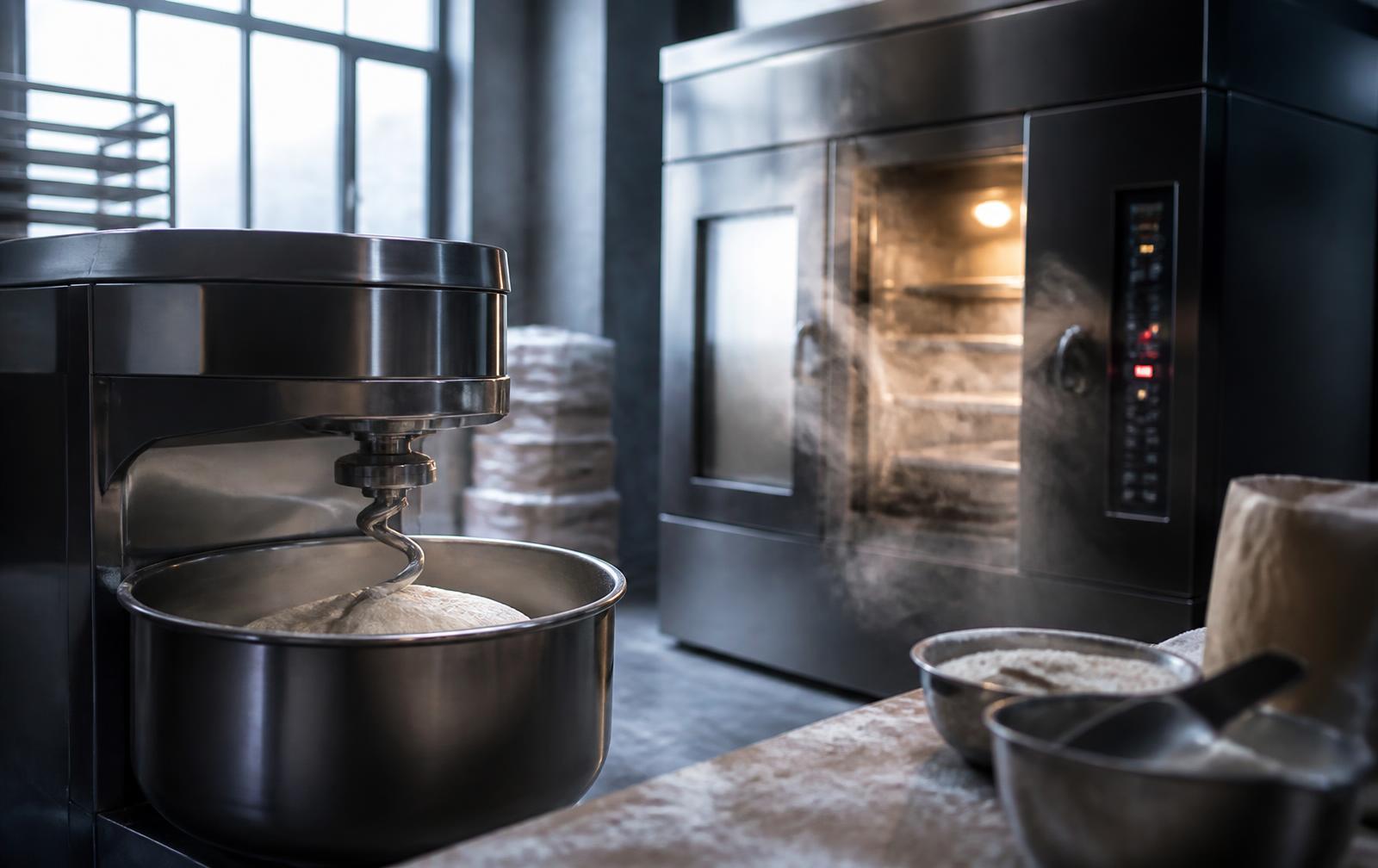Bakkerijatelier met roestvrijstalen machines en werkbanken